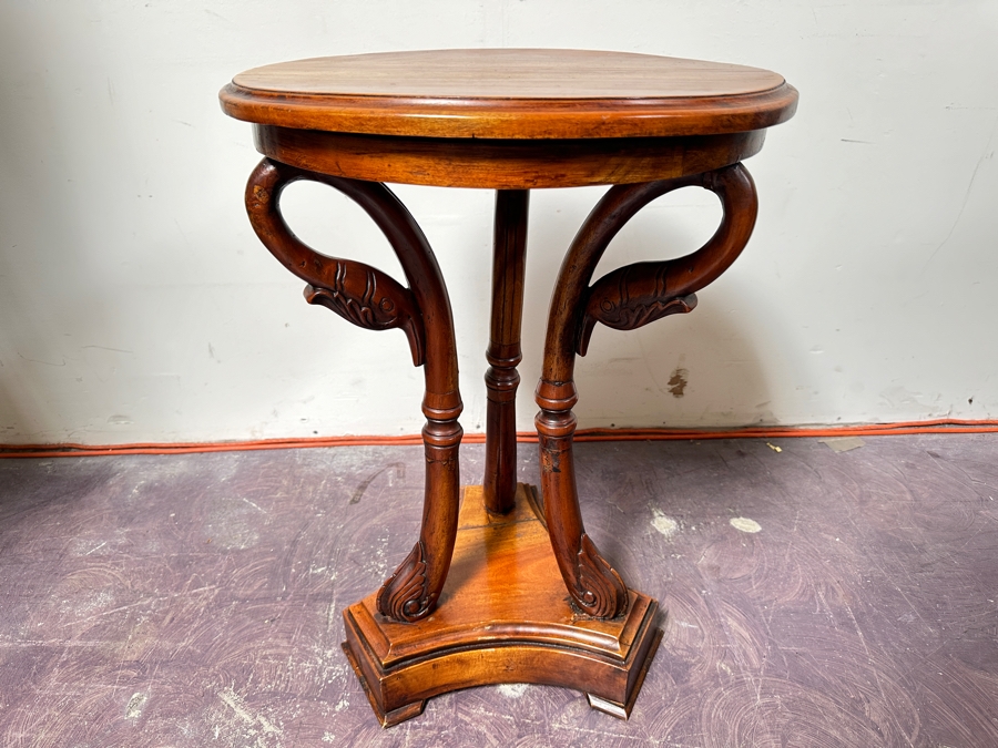 Just Added - Vintage Swan Head Leg Round Wooden Table (Repaired Crack In Base) 20'W X 28'H [Photo 2]