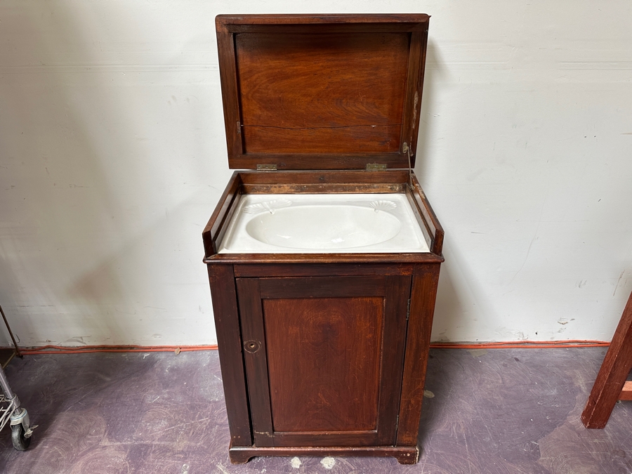 Just Added - Vintage Ship Captain's Washstand Cabinet With Porcelain Sink (Top Is Cracked) 23.5'W X 17.5'D X 34'H [Photo 2]