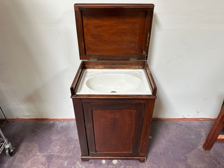 Just Added - Vintage Ship Captain's Washstand Cabinet With Porcelain Sink (Top Is Cracked) 23.5'W X 17.5'D X 34'H [Photo 3]