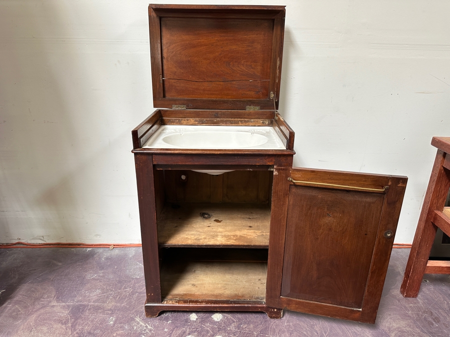 Just Added - Vintage Ship Captain's Washstand Cabinet With Porcelain Sink (Top Is Cracked) 23.5'W X 17.5'D X 34'H [Photo 5]