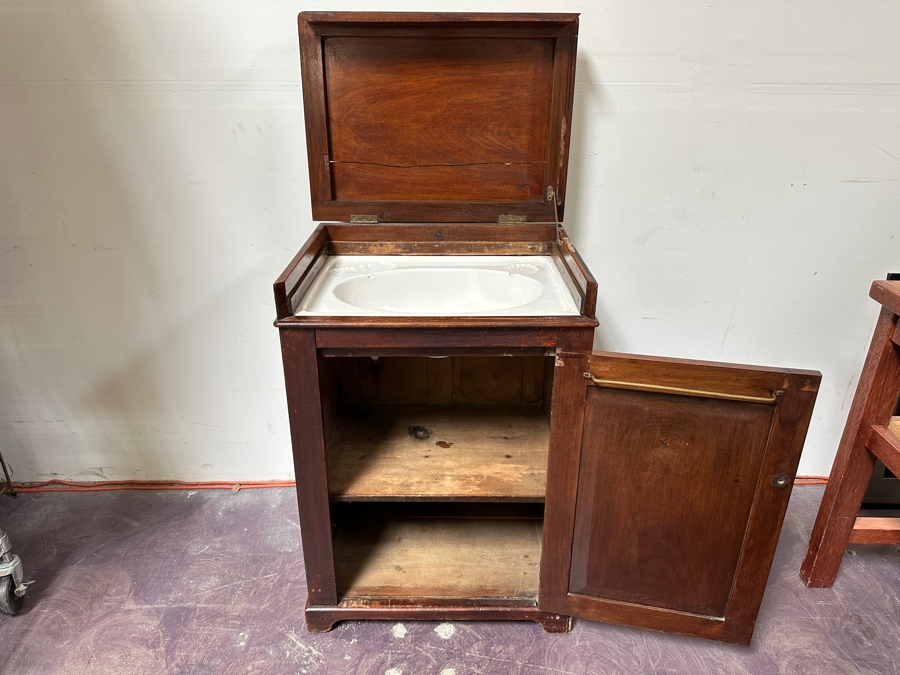 Just Added - Vintage Ship Captain's Washstand Cabinet With Porcelain Sink (Top Is Cracked) 23.5'W X 17.5'D X 34'H [Photo 4]