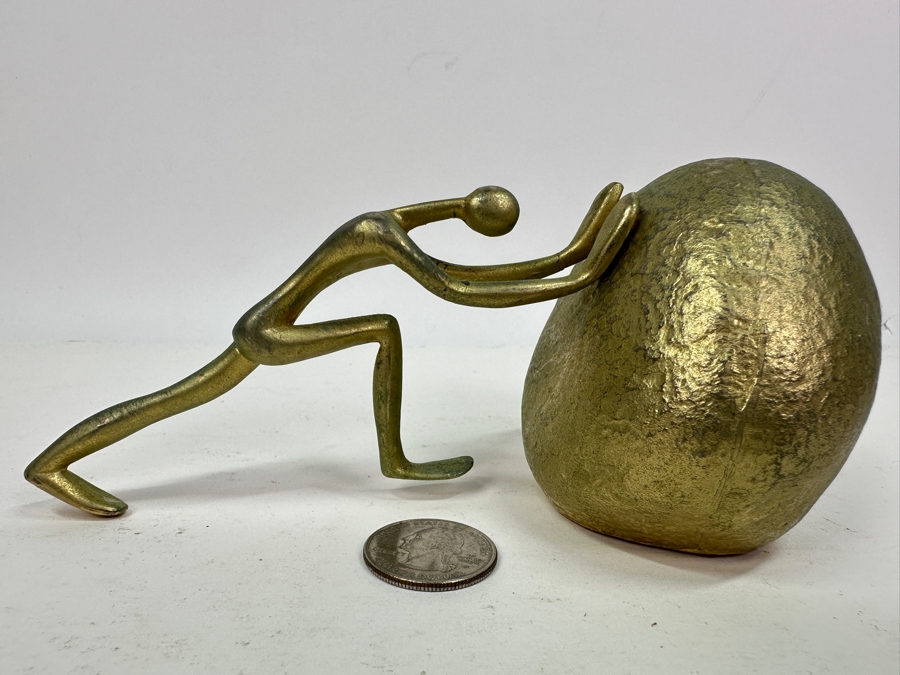 Just Added - Vintage 1970s Ted Arnold Gold Tone Sisyphus Sculpture Paperweight 6.5'W X 2.5'H [Photo 3]