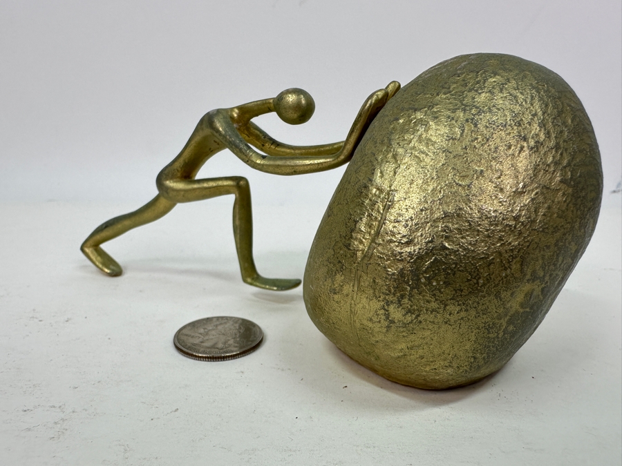 Just Added - Vintage 1970s Ted Arnold Gold Tone Sisyphus Sculpture Paperweight 6.5'W X 2.5'H [Photo 5]
