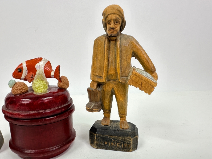 Just Added - Pair Of Vintage Carved Woodend Miniature Figurines 4'H & Wooden Box With Fish Finial [Photo 5]
