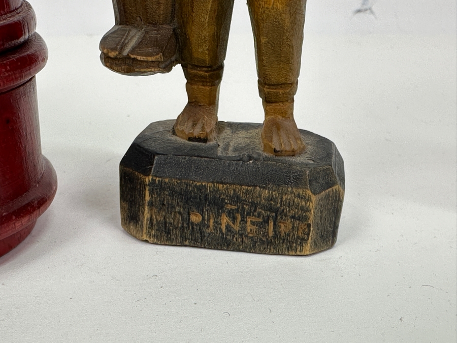 Just Added - Pair Of Vintage Carved Woodend Miniature Figurines 4'H & Wooden Box With Fish Finial [Photo 6]