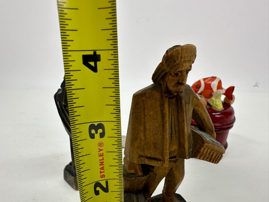 Just Added - Pair Of Vintage Carved Woodend Miniature Figurines 4'H & Wooden Box With Fish Finial [Photo 10]