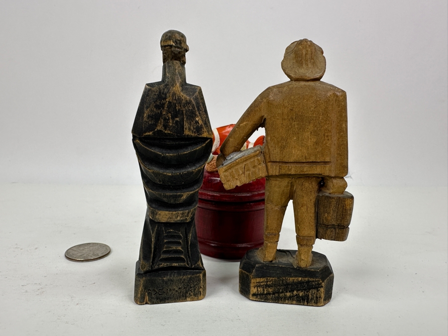 Just Added - Pair Of Vintage Carved Woodend Miniature Figurines 4'H & Wooden Box With Fish Finial [Photo 8]
