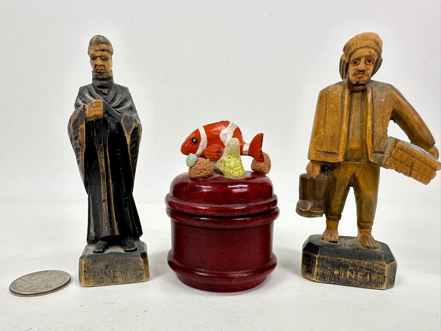 Just Added - Pair Of Vintage Carved Woodend Miniature Figurines 4'H & Wooden Box With Fish Finial [Photo 2]