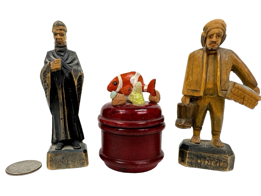 Just Added - Pair Of Vintage Carved Woodend Miniature Figurines 4'H & Wooden Box With Fish Finial