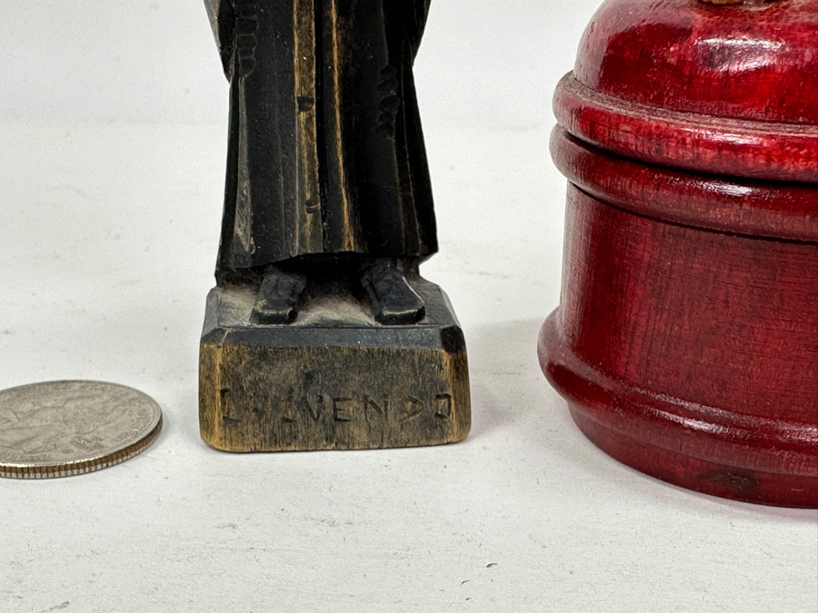 Just Added - Pair Of Vintage Carved Woodend Miniature Figurines 4'H & Wooden Box With Fish Finial [Photo 7]