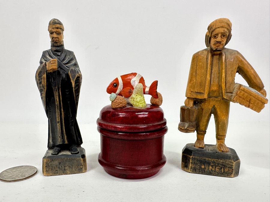 Just Added - Pair Of Vintage Carved Woodend Miniature Figurines 4'H & Wooden Box With Fish Finial [Photo 3]