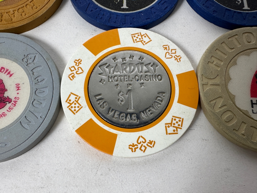 Vintage $1 Casino Chips Mainly From Las Vegas: Bally's, Sahara, Excalibur, Treasure Island, Barbary Coast, Stardust, Hilton Las Vegas, Aladdin [Photo 3]