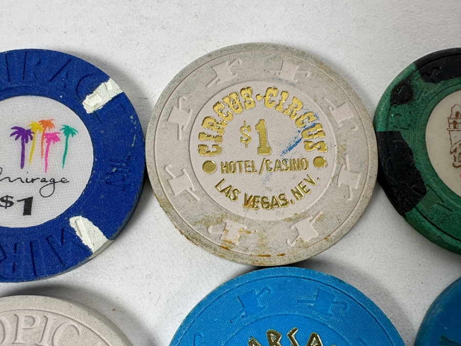 Vintage $1 Casino Chips Mainly From Las Vegas: Queens, Mirage, Circus Circus, Fremont, Tropicana, Caesars Palace, Golden Nugget, Luxor, Stardust, John Ascuaga's Nugget, Bally's, Hilton Las Vegas [Photo 3]