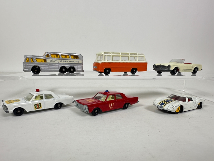 Collection Of Vintage Matchbox Series Lesney Cars: No. 55/59 Ford Galaxie, No. 59 Ford Galaxie, Coach, No. 68 Mercedes Coach, No. 27 Mercedes 230 SL, No. 41 Ford G.T. [Photo 2]