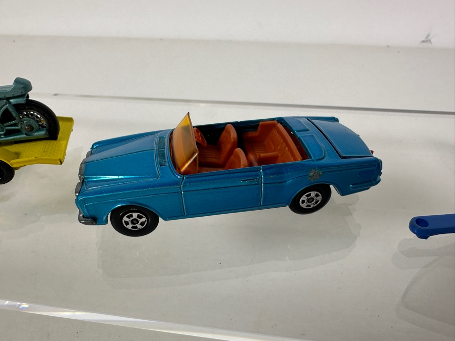 Collection Of Vintage Matchbox Series Lesney Cars: No. 69 Rolls Royce Silver Shadow Coupe 1969, NO. 38 Honda Motorcycle & Trailer And No. 9 Trailer & Boat [Photo 6]
