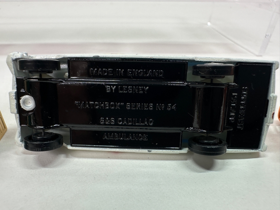 Collection Of Vintage Matchbox Series Cars / Trucks By Lesney: No. 49 Unimog, No. 54 S&S Cadillac Ambulance, No. 26 Cement Mixer, No. 29 Fire Pumper Truck, No. 7 Refuse Truck, No. 10 Pipe Truck [Photo 13]