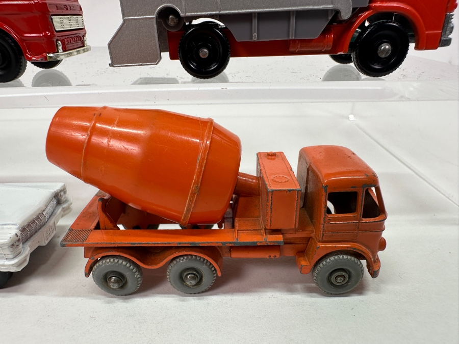 Collection Of Vintage Matchbox Series Cars / Trucks By Lesney: No. 49 Unimog, No. 54 S&S Cadillac Ambulance, No. 26 Cement Mixer, No. 29 Fire Pumper Truck, No. 7 Refuse Truck, No. 10 Pipe Truck [Photo 6]