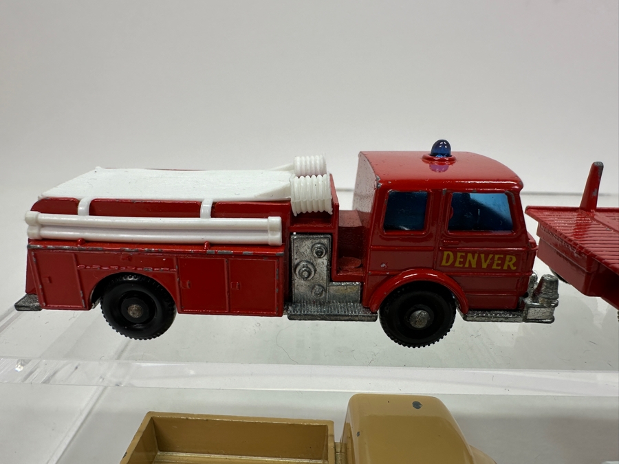 Collection Of Vintage Matchbox Series Cars / Trucks By Lesney: No. 49 Unimog, No. 54 S&S Cadillac Ambulance, No. 26 Cement Mixer, No. 29 Fire Pumper Truck, No. 7 Refuse Truck, No. 10 Pipe Truck [Photo 9]