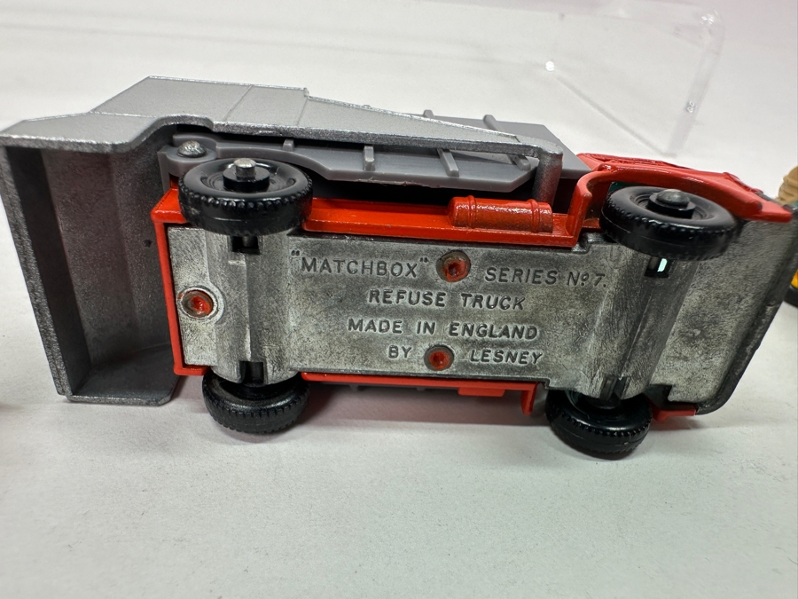 Collection Of Vintage Matchbox Series Cars / Trucks By Lesney: No. 49 Unimog, No. 54 S&S Cadillac Ambulance, No. 26 Cement Mixer, No. 29 Fire Pumper Truck, No. 7 Refuse Truck, No. 10 Pipe Truck [Photo 16]