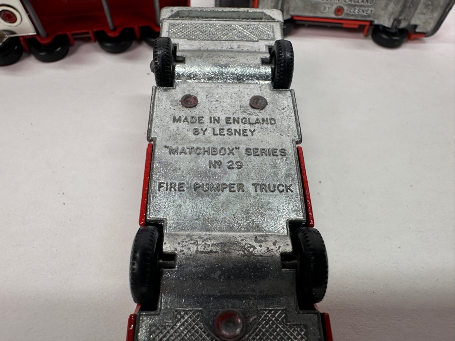 Collection Of Vintage Matchbox Series Cars / Trucks By Lesney: No. 49 Unimog, No. 54 S&S Cadillac Ambulance, No. 26 Cement Mixer, No. 29 Fire Pumper Truck, No. 7 Refuse Truck, No. 10 Pipe Truck [Photo 15]