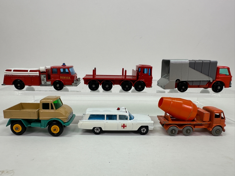 Collection Of Vintage Matchbox Series Cars / Trucks By Lesney: No. 49 Unimog, No. 54 S&S Cadillac Ambulance, No. 26 Cement Mixer, No. 29 Fire Pumper Truck, No. 7 Refuse Truck, No. 10 Pipe Truck [Photo 3]