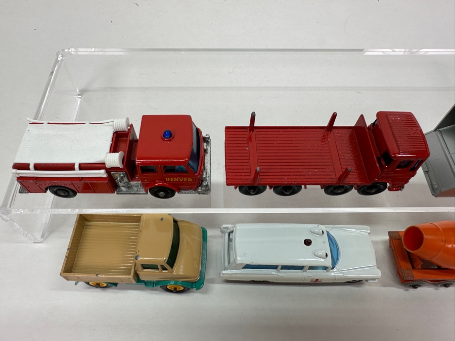 Collection Of Vintage Matchbox Series Cars / Trucks By Lesney: No. 49 Unimog, No. 54 S&S Cadillac Ambulance, No. 26 Cement Mixer, No. 29 Fire Pumper Truck, No. 7 Refuse Truck, No. 10 Pipe Truck [Photo 10]