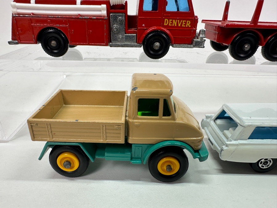 Collection Of Vintage Matchbox Series Cars / Trucks By Lesney: No. 49 Unimog, No. 54 S&S Cadillac Ambulance, No. 26 Cement Mixer, No. 29 Fire Pumper Truck, No. 7 Refuse Truck, No. 10 Pipe Truck [Photo 4]