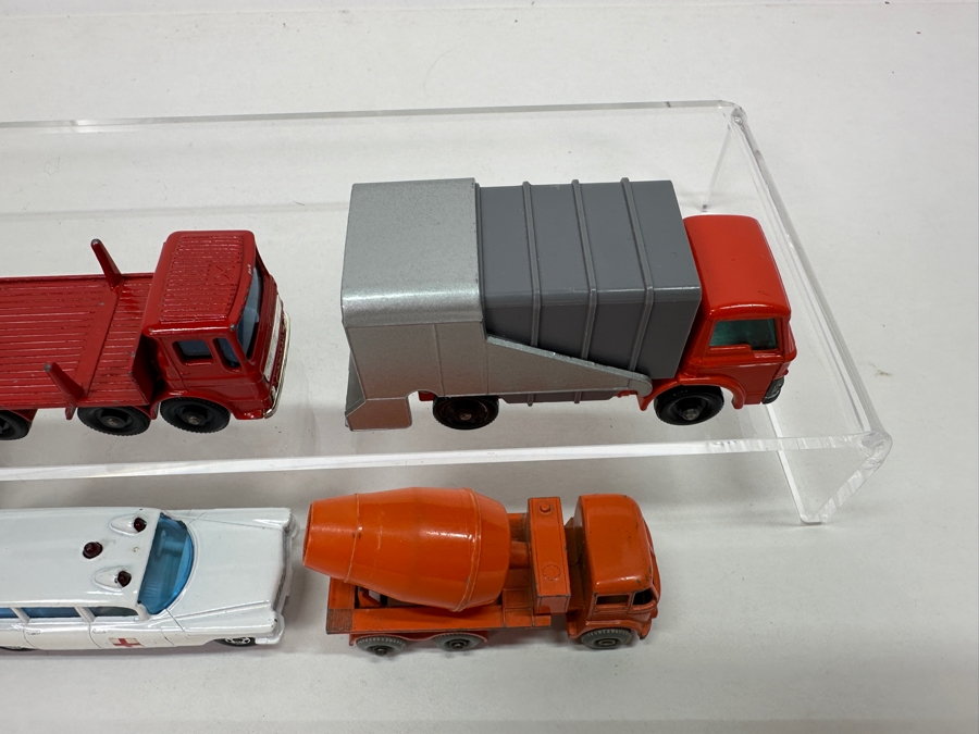 Collection Of Vintage Matchbox Series Cars / Trucks By Lesney: No. 49 Unimog, No. 54 S&S Cadillac Ambulance, No. 26 Cement Mixer, No. 29 Fire Pumper Truck, No. 7 Refuse Truck, No. 10 Pipe Truck [Photo 11]