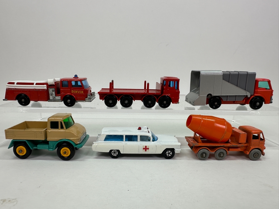 Collection Of Vintage Matchbox Series Cars / Trucks By Lesney: No. 49 Unimog, No. 54 S&S Cadillac Ambulance, No. 26 Cement Mixer, No. 29 Fire Pumper Truck, No. 7 Refuse Truck, No. 10 Pipe Truck [Photo 2]