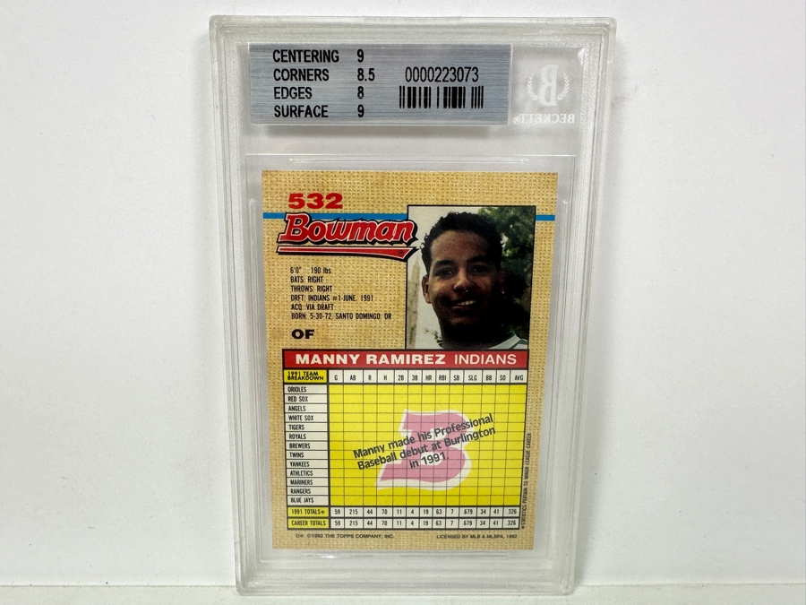 1992 Bowman Manny Ramirez #532 NEAR MINT 8.5 Beckett Graded Baseball Card [Photo 3]