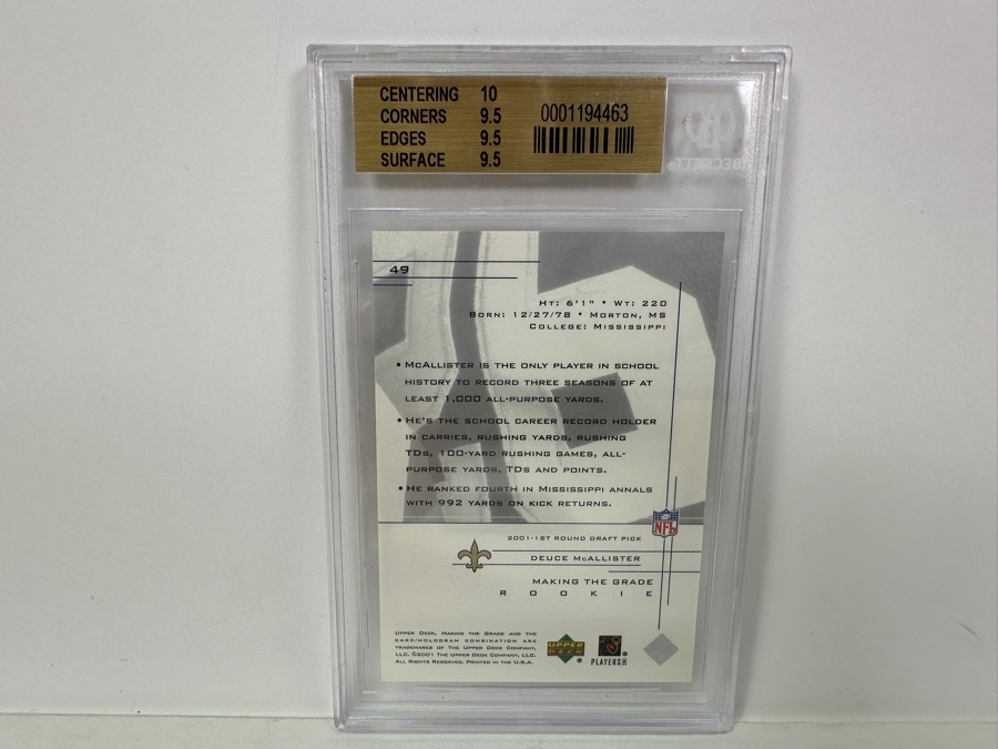 2001 Upper Deck Graded Rookie Series Deuce McAllister Portrait #49 GEM MINT 9.5 Beckett Graded Football Card [Photo 4]