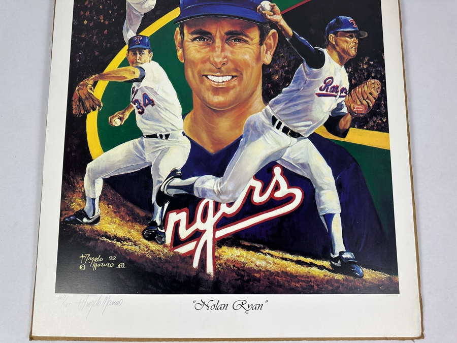 Angelo Marino Artist Signed Limited Edition (267/900) Nolan Ryan Texas Rangers Baseball Print 19 X 23.5 (Has Water Damage) [Photo 3]