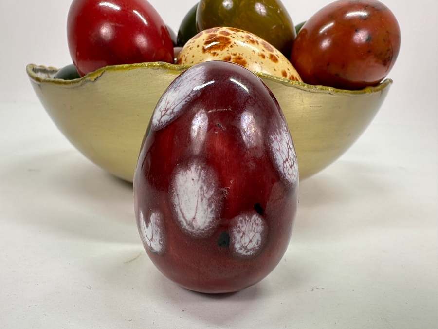 Bowl Of Various Mid-Century Ceramic Eggs And Stone Eggs [Photo 6]