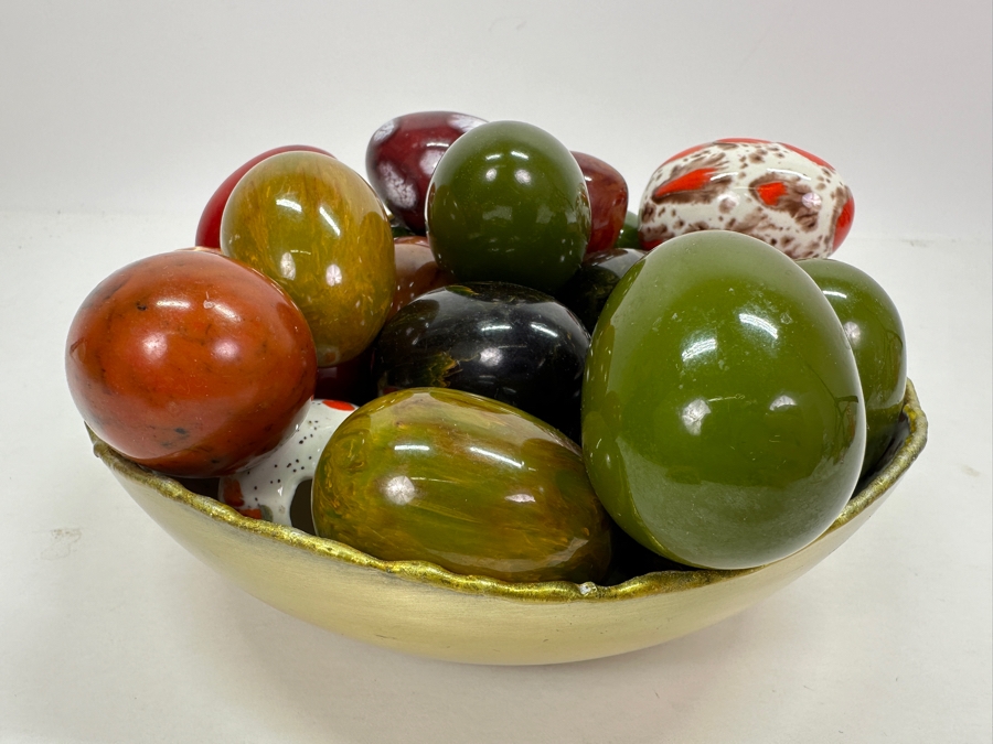 Bowl Of Various Mid-Century Ceramic Eggs And Stone Eggs [Photo 3]
