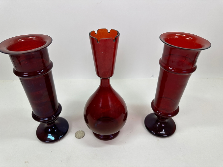 Just Added - Vintage Ruby Red Hand Blown Vases 9.5'H & 10'H [Photo 2]