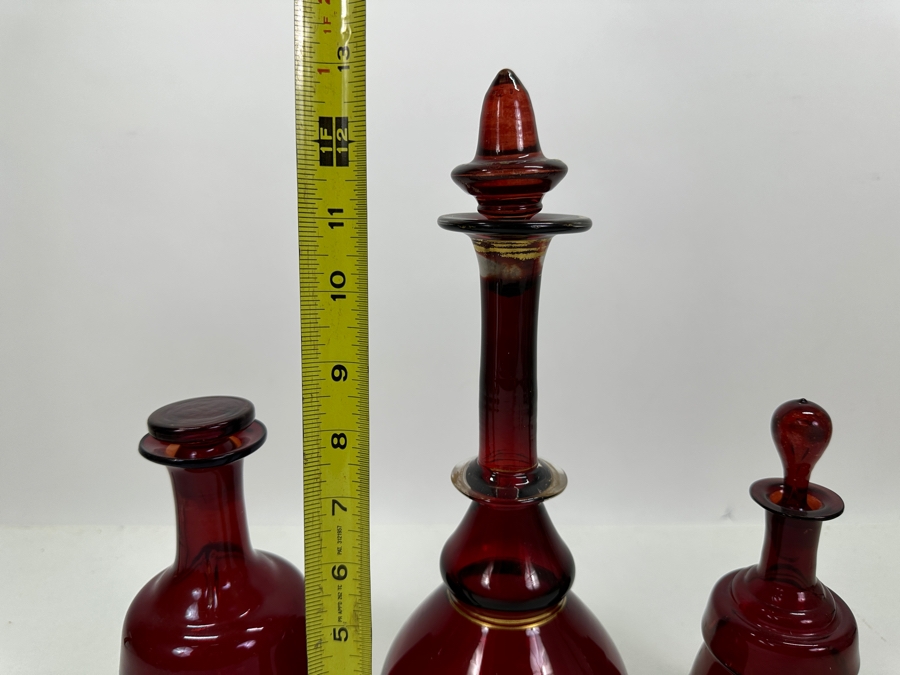 Just Added - Set Of Three Vintage Ruby Red Hand Blown Glass Decanter Bottles With Stoppers 8.5H - 13H [Photo 16]