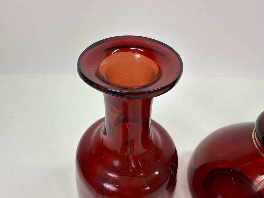 Just Added - Set Of Three Vintage Ruby Red Hand Blown Glass Decanter Bottles With Stoppers 8.5H - 13H [Photo 12]