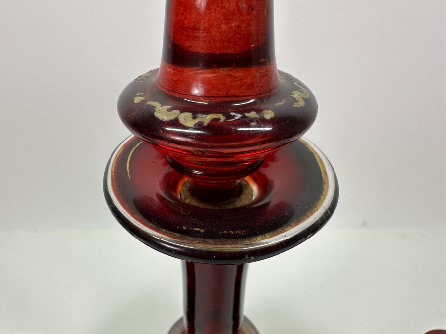Just Added - Set Of Three Vintage Ruby Red Hand Blown Glass Decanter Bottles With Stoppers 8.5H - 13H [Photo 5]