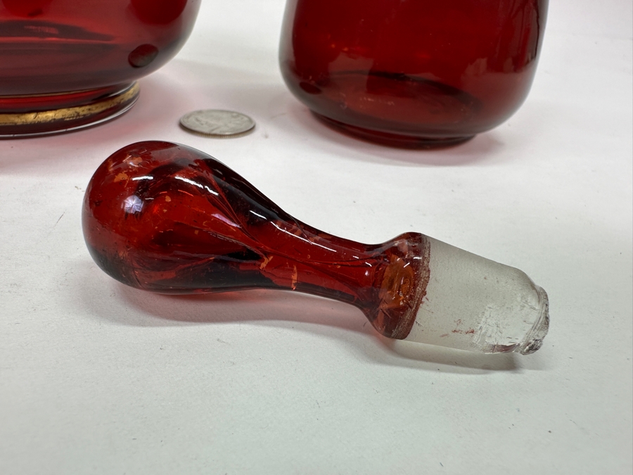 Just Added - Set Of Three Vintage Ruby Red Hand Blown Glass Decanter Bottles With Stoppers 8.5H - 13H [Photo 14]