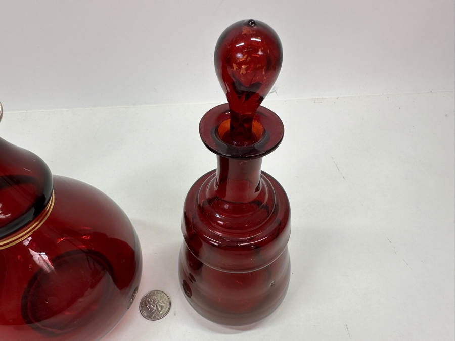 Just Added - Set Of Three Vintage Ruby Red Hand Blown Glass Decanter Bottles With Stoppers 8.5H - 13H [Photo 7]