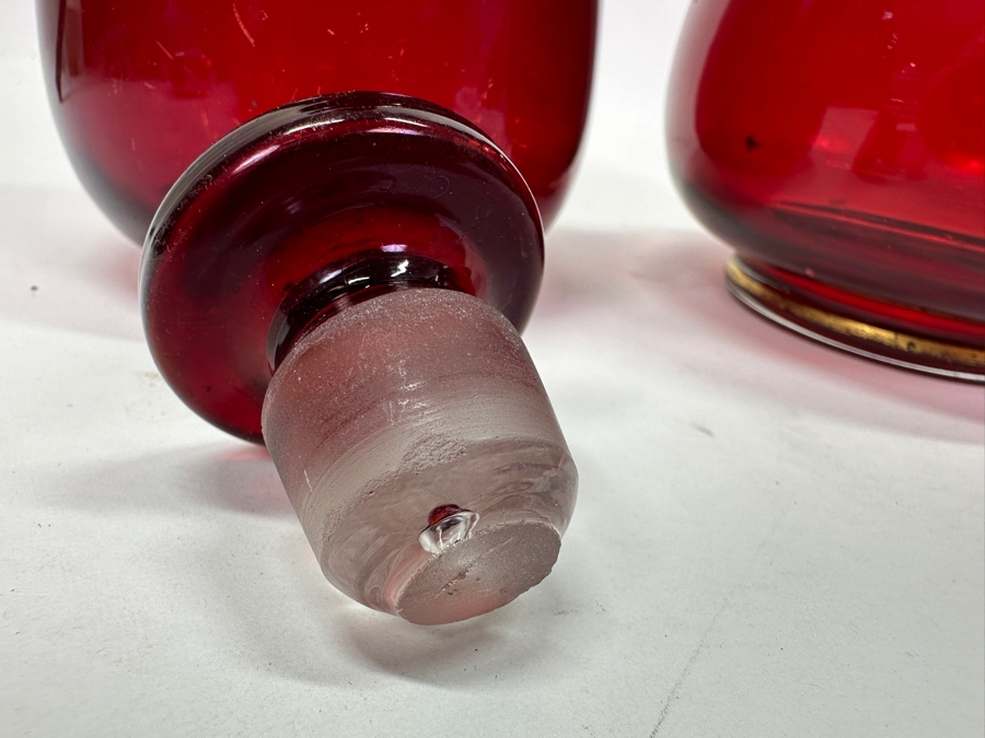Just Added - Set Of Three Vintage Ruby Red Hand Blown Glass Decanter Bottles With Stoppers 8.5H - 13H [Photo 11]