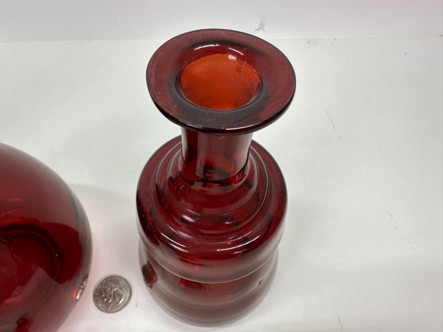 Just Added - Set Of Three Vintage Ruby Red Hand Blown Glass Decanter Bottles With Stoppers 8.5H - 13H [Photo 15]