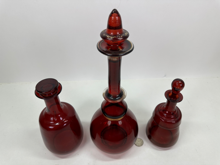 Just Added - Set Of Three Vintage Ruby Red Hand Blown Glass Decanter Bottles With Stoppers 8.5H - 13H [Photo 2]