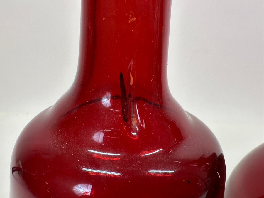 Just Added - Set Of Three Vintage Ruby Red Hand Blown Glass Decanter Bottles With Stoppers 8.5H - 13H [Photo 13]