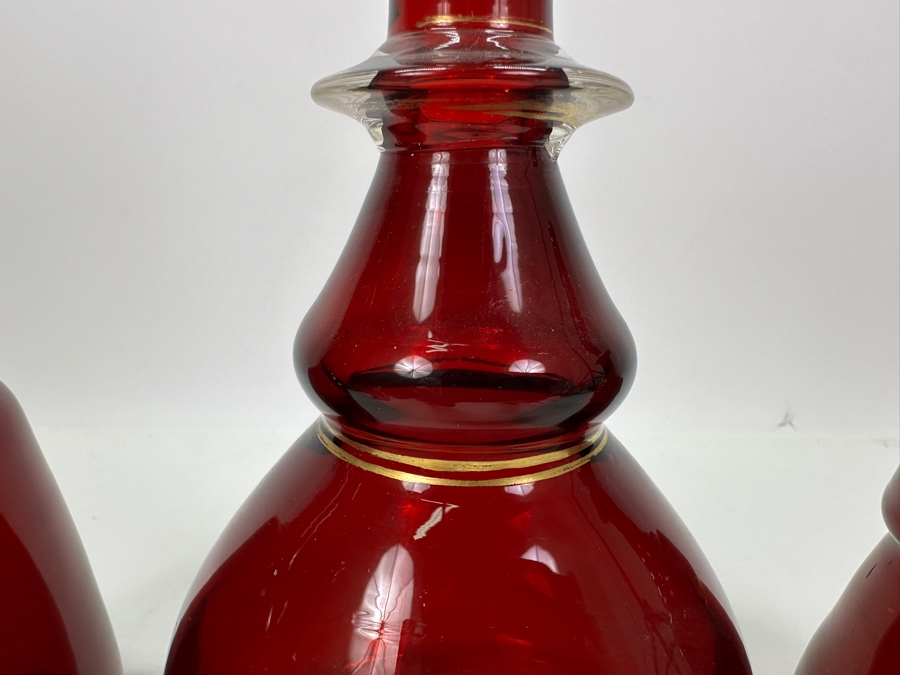 Just Added - Set Of Three Vintage Ruby Red Hand Blown Glass Decanter Bottles With Stoppers 8.5H - 13H [Photo 3]