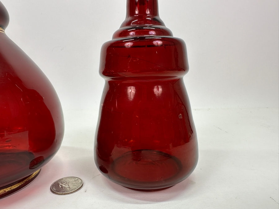 Just Added - Set Of Three Vintage Ruby Red Hand Blown Glass Decanter Bottles With Stoppers 8.5H - 13H [Photo 8]