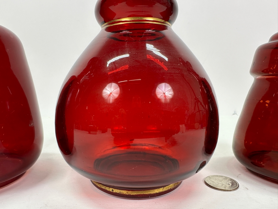 Just Added - Set Of Three Vintage Ruby Red Hand Blown Glass Decanter Bottles With Stoppers 8.5H - 13H [Photo 4]