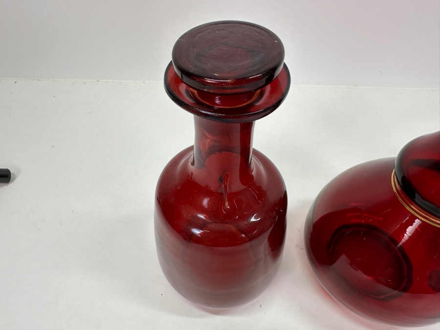 Just Added - Set Of Three Vintage Ruby Red Hand Blown Glass Decanter Bottles With Stoppers 8.5H - 13H [Photo 6]