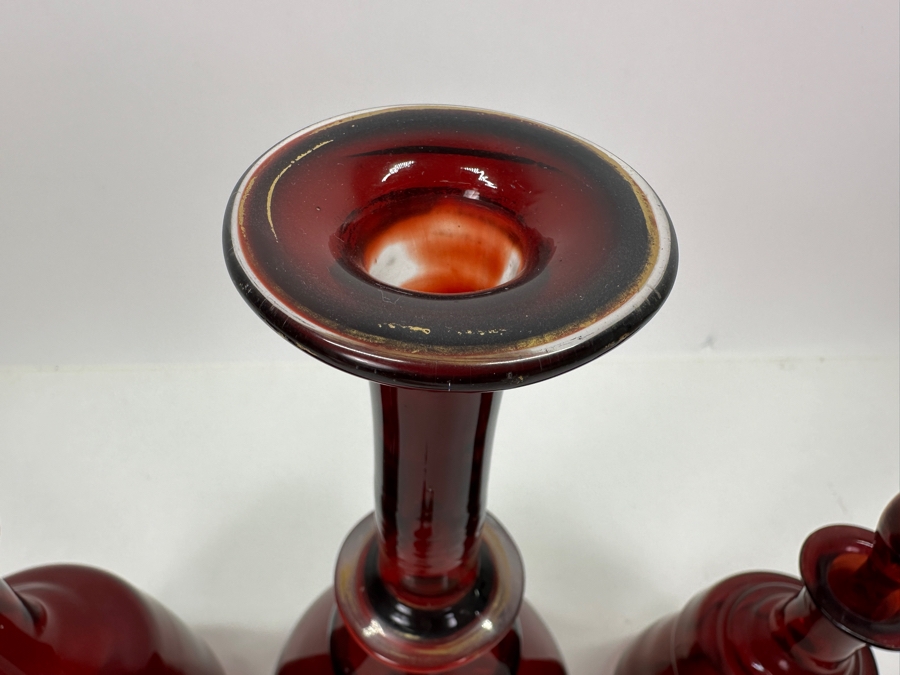 Just Added - Set Of Three Vintage Ruby Red Hand Blown Glass Decanter Bottles With Stoppers 8.5H - 13H [Photo 10]