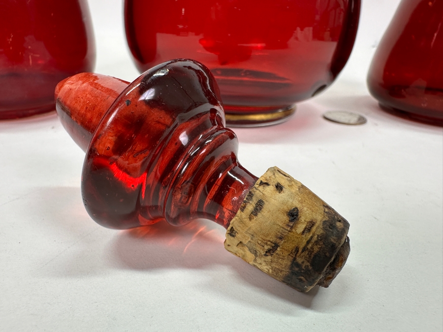 Just Added - Set Of Three Vintage Ruby Red Hand Blown Glass Decanter Bottles With Stoppers 8.5H - 13H [Photo 9]